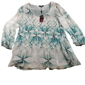Yest‎ Kelonda Blouse Misty Green Floral Pleated Sheer Long Sleeve Tunic Top 44